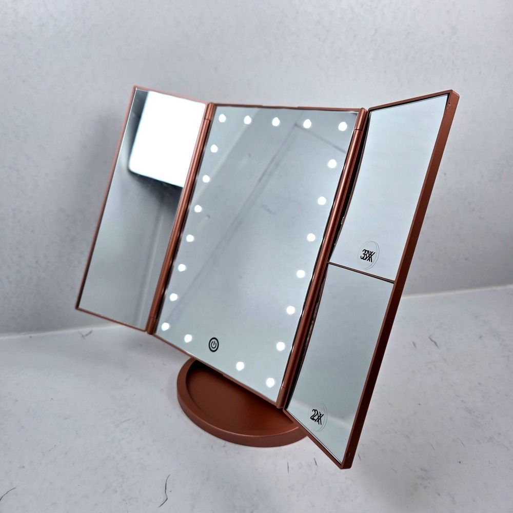 Deweisn Tri-Fold Vanity Makeup Mirror Pedestal with 21 LED Lights‎ - Rose Gold